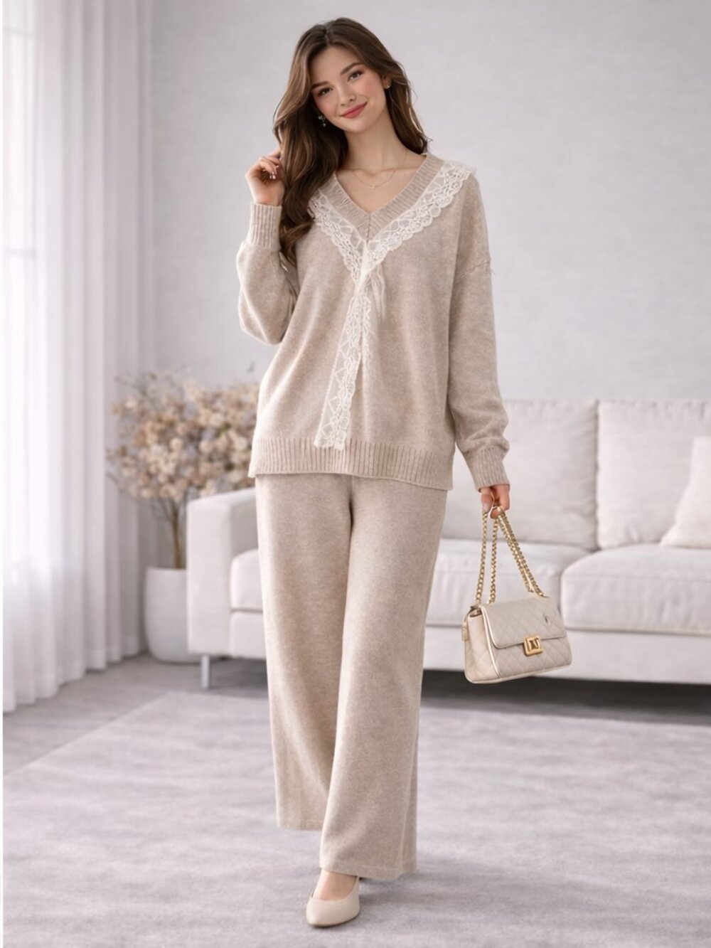 NWT Beige Knit Set Lace Trim Cozy Chic Outfit M-L